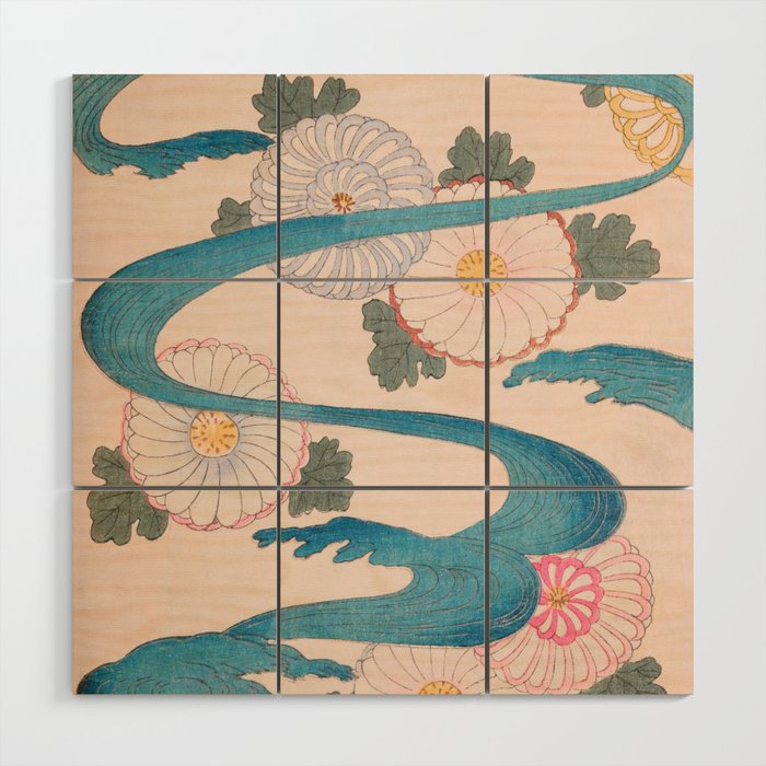 Wave Floral Print Vintage Japanese Retro Pattern Wood Wall Art
