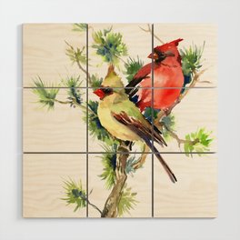 Cardinal Birds on Pine Tree Wood Wall Art