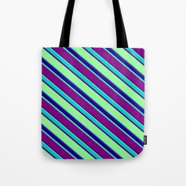 [ Thumbnail: Green, Dark Turquoise, Purple, and Dark Blue Colored Striped Pattern Tote Bag ]