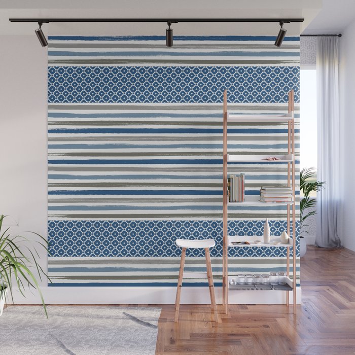 Modern Beachy Paint Brush Stripes in Blue and Putty Gray Wall Mural