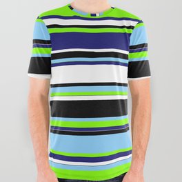 [ Thumbnail: Colorful Light Sky Blue, Chartreuse, Midnight Blue, White & Black Colored Striped/Lined Pattern All Over Graphic Tee ]