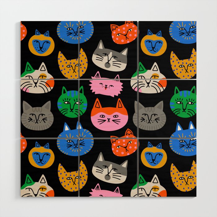 Funny colorful cat cartoon pattern Wood Wall Art