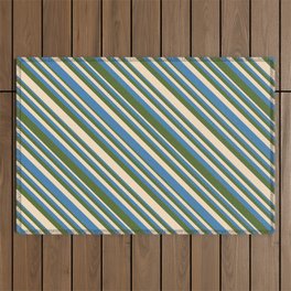 [ Thumbnail: Bisque, Blue, and Dark Olive Green Colored Lines/Stripes Pattern Outdoor Rug ]