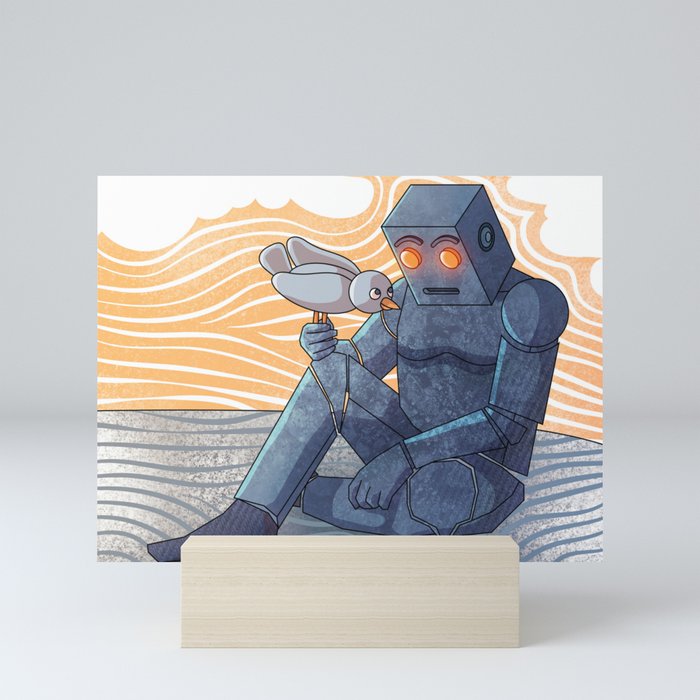 Robot and bird Mini Art Print