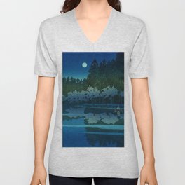 Spring Night at Inokashira blue nature Japanese landscape painting with cherry blossoms by Hasui Kawase V Neck T Shirt
