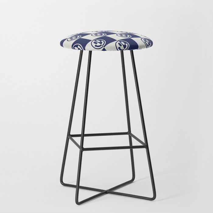 Smiley Faces On Checkerboard (Muted Beige & Dark Blue)  Bar Stool
