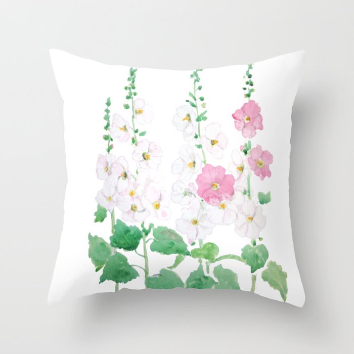  pink and white hollyhocks flowers watercolor  Throw Pillow