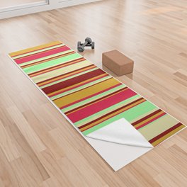 [ Thumbnail: Colorful Goldenrod, Maroon, Pale Goldenrod, Green, and Crimson Colored Lined Pattern Yoga Towel ]