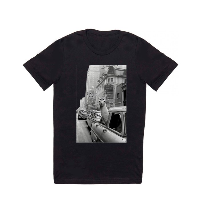 Llama Riding in Taxi, Black and White Vintage Print T Shirt by Vintage ...