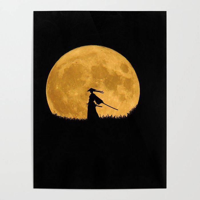 full Moon, black Samurai with katana  Poster