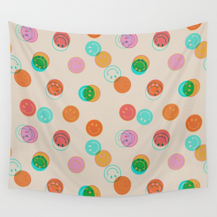 Happy Face Stamp Print Wall Tapestry