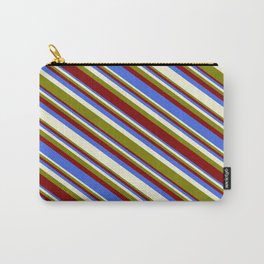 [ Thumbnail: Green, Maroon, Royal Blue, and Beige Colored Stripes/Lines Pattern Carry-All Pouch ]