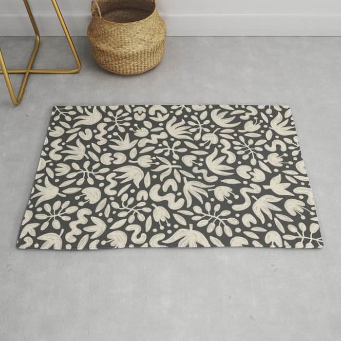 Florals in Off White and Spade Black | Hand Painted Pattern Rug