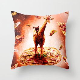 Outer Space Pug Riding Giraffe Unicorn - Pizza Throw Pillow