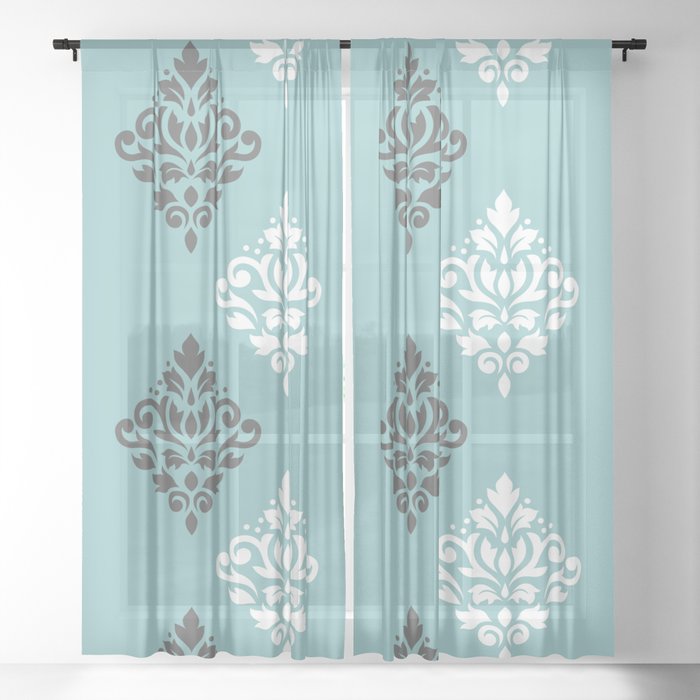 Scroll Damask Art I Gray White Teal, Turquoise And White Curtains