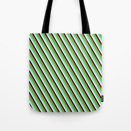 [ Thumbnail: Eye-catching Red, Lime, Light Sky Blue, Mint Cream & Black Colored Lined Pattern Tote Bag ]