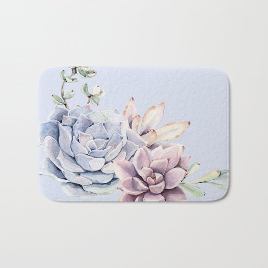 Pristine Blue Succulents Bath Mat