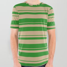 [ Thumbnail: Forest Green and Tan Colored Striped/Lined Pattern All Over Graphic Tee ]
