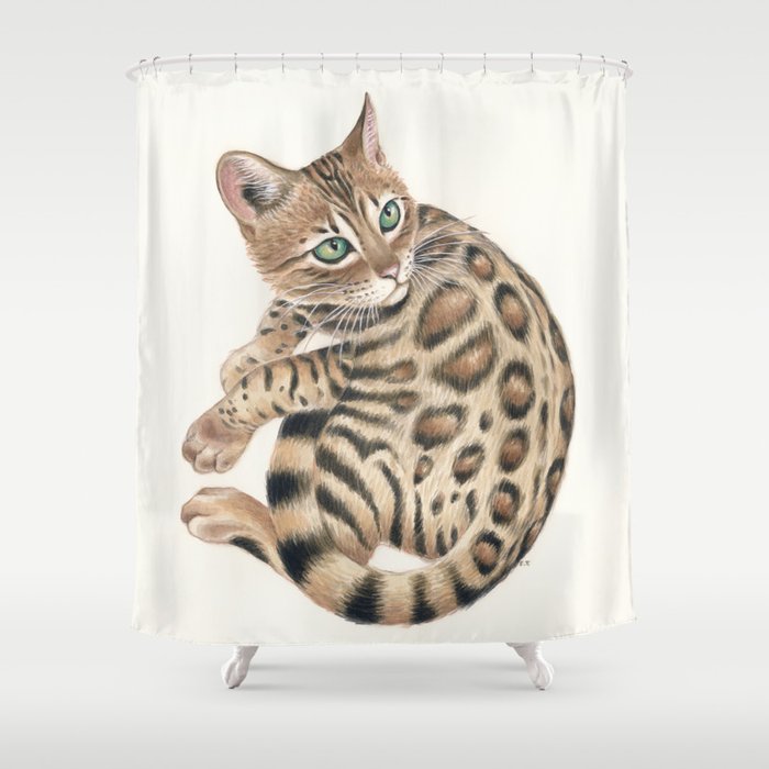 Cute Bengal Cat Kitten Tabby Spotted Pet Watercolor Art Shower Curtain