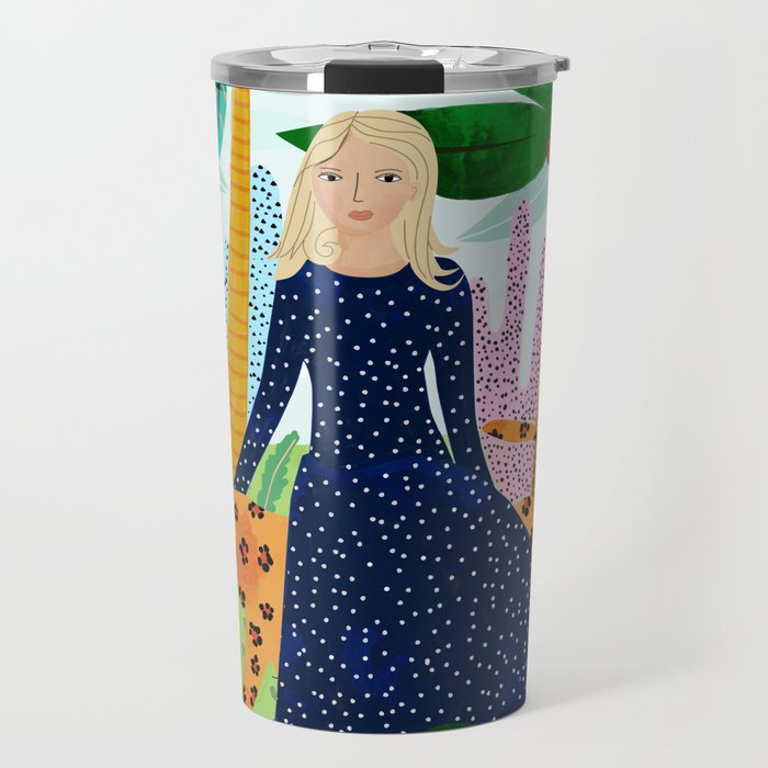 African Safari, Colorful Tropical Jungle Travel, Botanical Watercolor, Blonde Woman with a Leopard Travel Mug