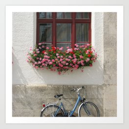 Germany Photography - Bike Parked Under A Flower Filled Window Art Print
