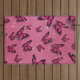 Cute Pink Butterfly on Glitter Aesthetic Background Outdoor Rug