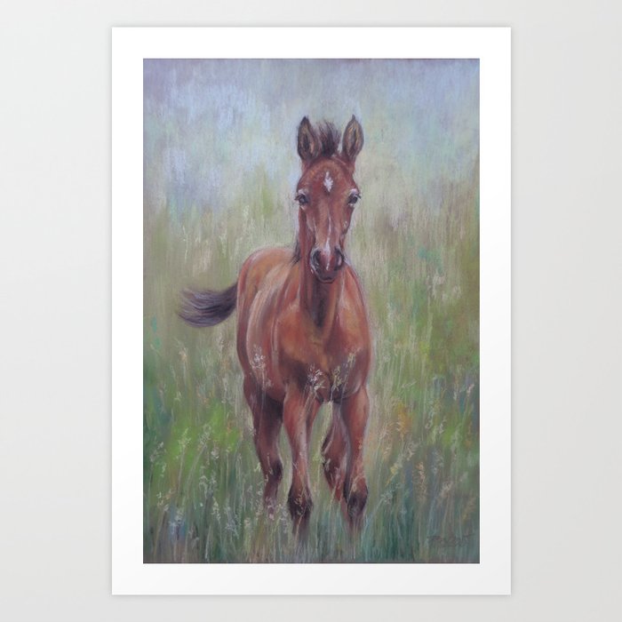 Baby Horse, Foal in the spring meadow, Cute Horse portrait Pastel drawing Art Print