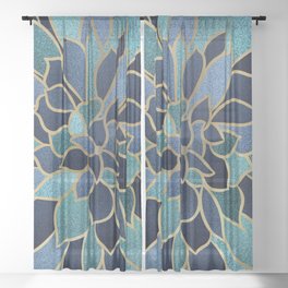 Festive, Floral Prints, Navy Blue, Teal and Gold Sheer Curtain