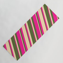 [ Thumbnail: Dark Olive Green, Deep Pink, and Beige Colored Stripes/Lines Pattern Yoga Mat ]