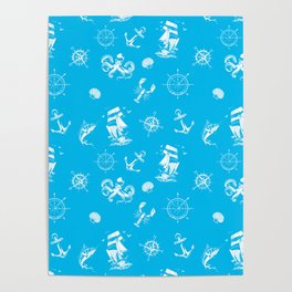  Turquoise And White Silhouettes Of Vintage Nautical Pattern Poster