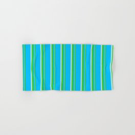 [ Thumbnail: Deep Sky Blue, Lime Green, and Powder Blue Colored Striped Pattern Hand & Bath Towel ]