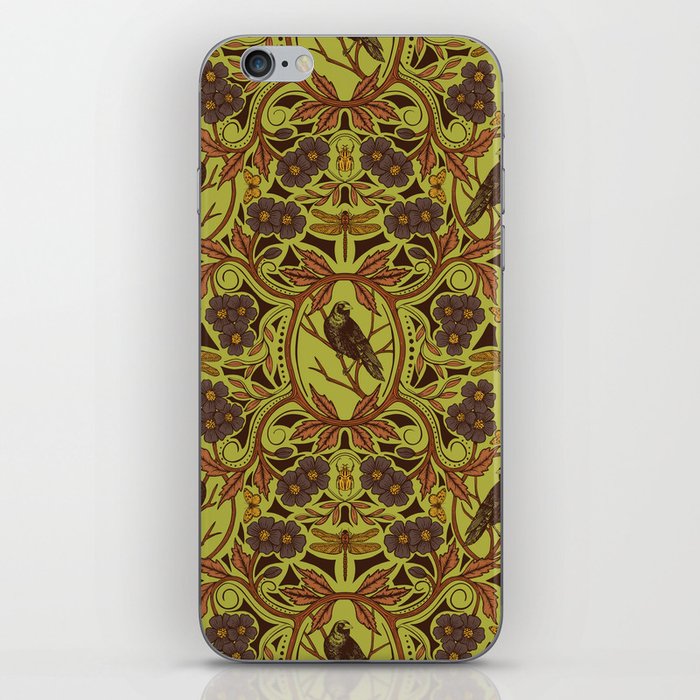 Crow & Dragonfly Floral in Retro Olive Green & Orange iPhone Skin