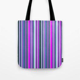[ Thumbnail: Fuchsia, Blue, Dark Slate Gray, and Powder Blue Colored Lines/Stripes Pattern Tote Bag ]