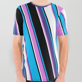 [ Thumbnail: Deep Sky Blue, Dark Slate Blue, Violet, White & Black Colored Lines/Stripes Pattern All Over Graphic Tee ]
