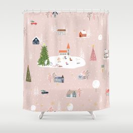 Seamless pattern Cute Christmas landscape in the town with fairy tale houses,car,polar bear playing ice skates and Christmas trees,Panorama flat design in village on Christmas eve Shower Curtain