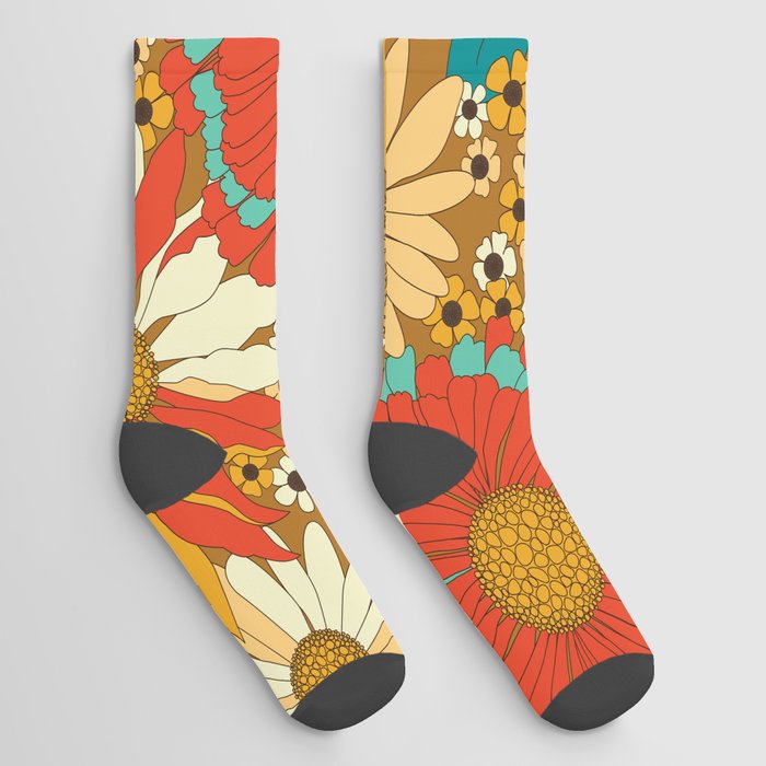 Red, Orange, Turquoise & Brown Retro Floral Pattern Socks