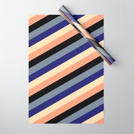 [ Thumbnail: Light Slate Gray, Midnight Blue, Beige, Light Salmon & Black Colored Stripes/Lines Pattern Wrapping Paper ]
