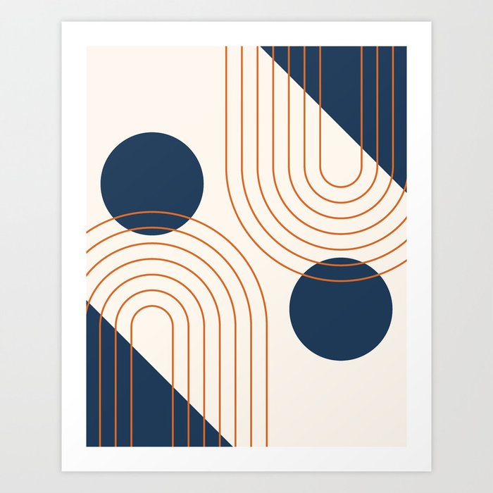 Mid Century Modern Geometric 227 in Navy Blue Orange (Rainbow and Sun Abstraction) Art Print