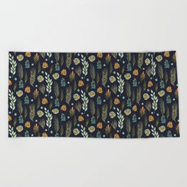 Plants Pattern Branches Leaves Green Navy Floral Watercolor Beach Towel