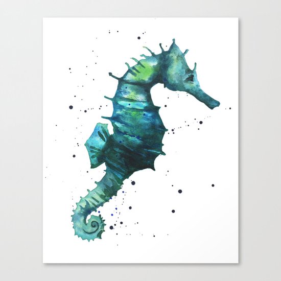 Seahorse print, seahorse painting, watercolor seahorse, green seahorse, ocean art Canvas Print