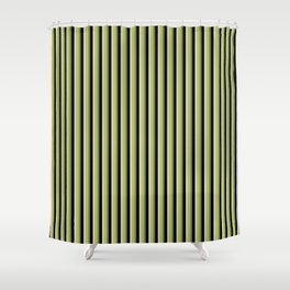 [ Thumbnail: Green, Dark Khaki, Light Gray & Black Colored Lines/Stripes Pattern Shower Curtain ]