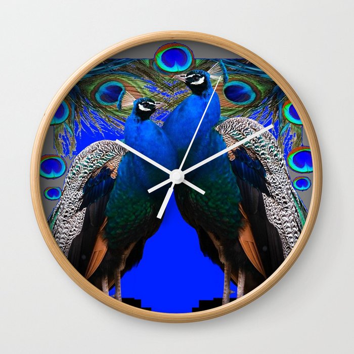 BLUE PEACOCKS BLUE MODERN GREY ART Wall Clock