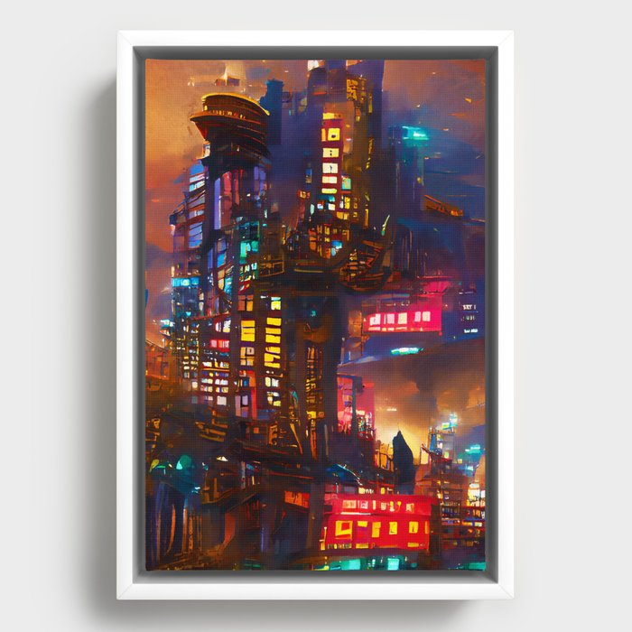 Cyberpunk Cityscape Framed Canvas