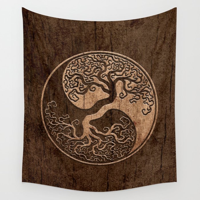 Rough Wood Grain Effect Tree of Life Yin Yang Wall Tapestry