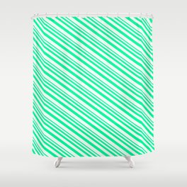 [ Thumbnail: Green and Mint Cream Colored Striped/Lined Pattern Shower Curtain ]