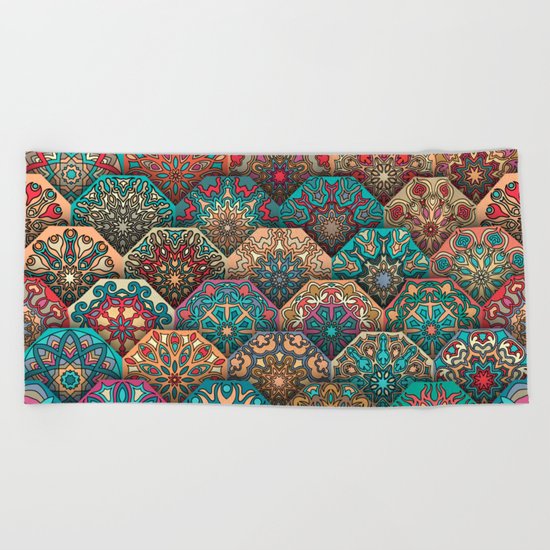 Vintage patchwork with floral mandala elements Beach Towel