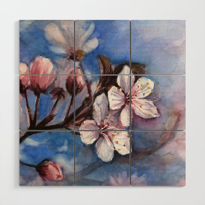 Cherry Blossoms Watercolor Spring Flowers Wood Wall Art By Olechka