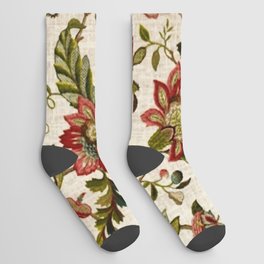 Red Green Jacobean Floral Embroidery Pattern Socks
