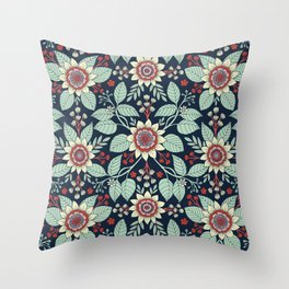 Red, Turquoise, Cream & Navy Blue Floral Pattern Throw Pillow