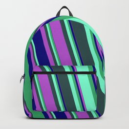 [ Thumbnail: Eyecatching Sea Green, Aquamarine, Dark Slate Gray, Orchid, and Blue Colored Lines Pattern Backpack ]